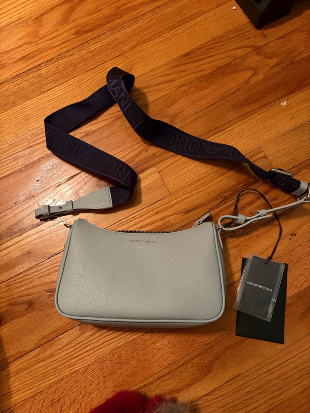 Emporio Armani Light Gray Pebbled Leather Crossbody with Navy Strap